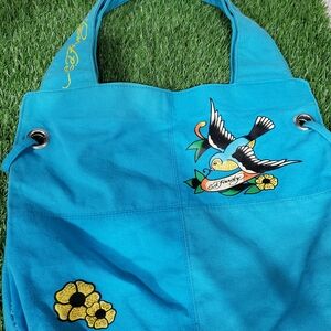 Ed Hardy Turquoise Tote with Bird and Floral Art